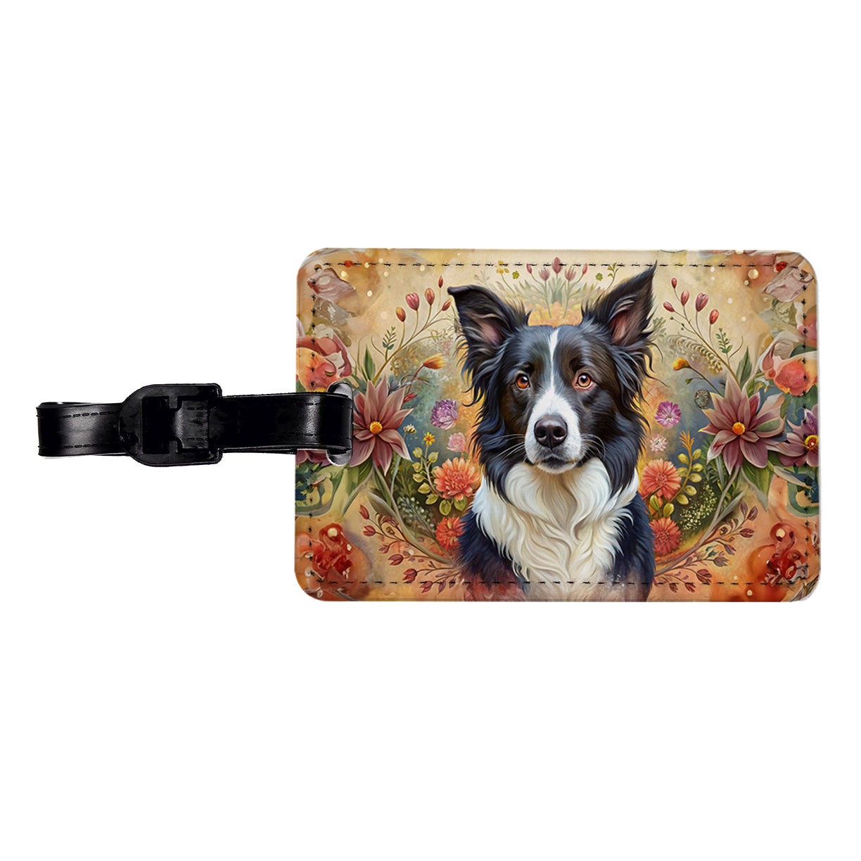 Border Collie Dog French Bohemian Art Travel Faux Leather Luggage Tag