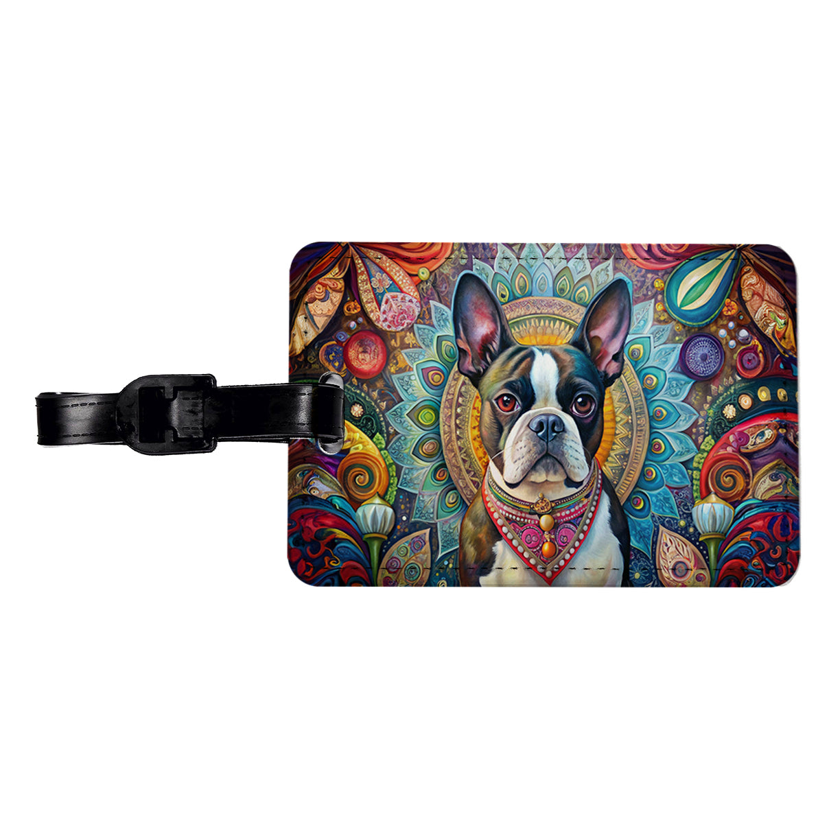 Boston Terrier Dog Bohemian Art Travel Faux Leather Luggage Tag