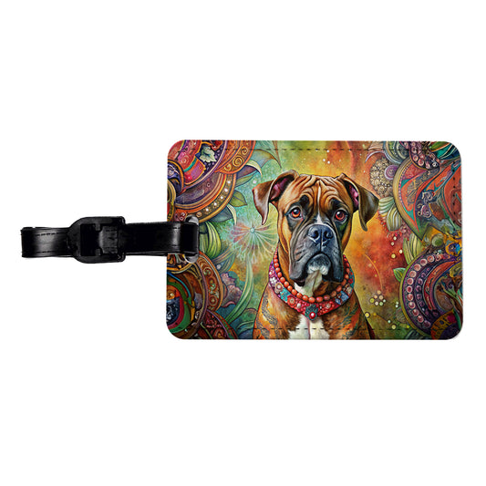 Boxer Dog Bohemian Art Travel Faux Leather Luggage Tag