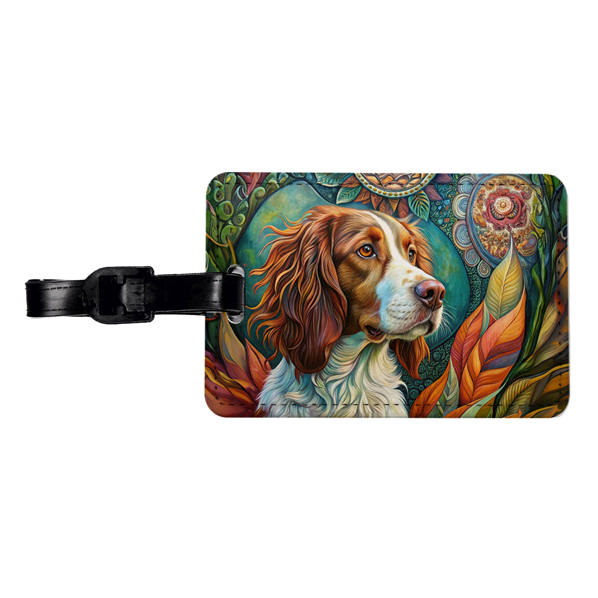 Brittany Spaniel Dog Bohemian Art Travel Faux Leather Luggage Tag