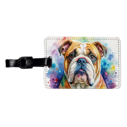 Bulldog Dog Watercolor Style Travel Faux Leather Luggage Tag