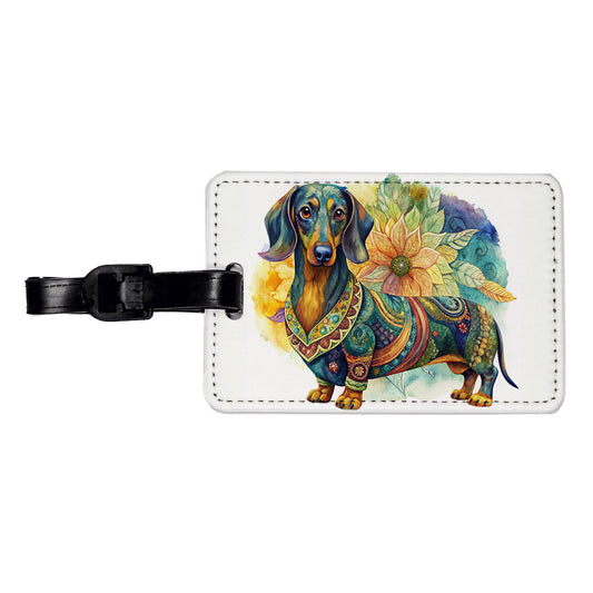 Dachshund Dog Bohemian Art Travel Faux Leather Luggage Tag