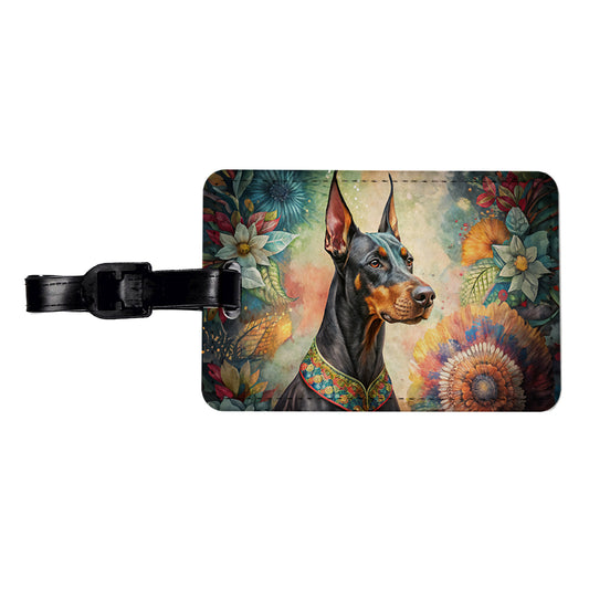 Doberman Pinscher Dog Bohemian Art Travel Faux Leather Luggage Tag