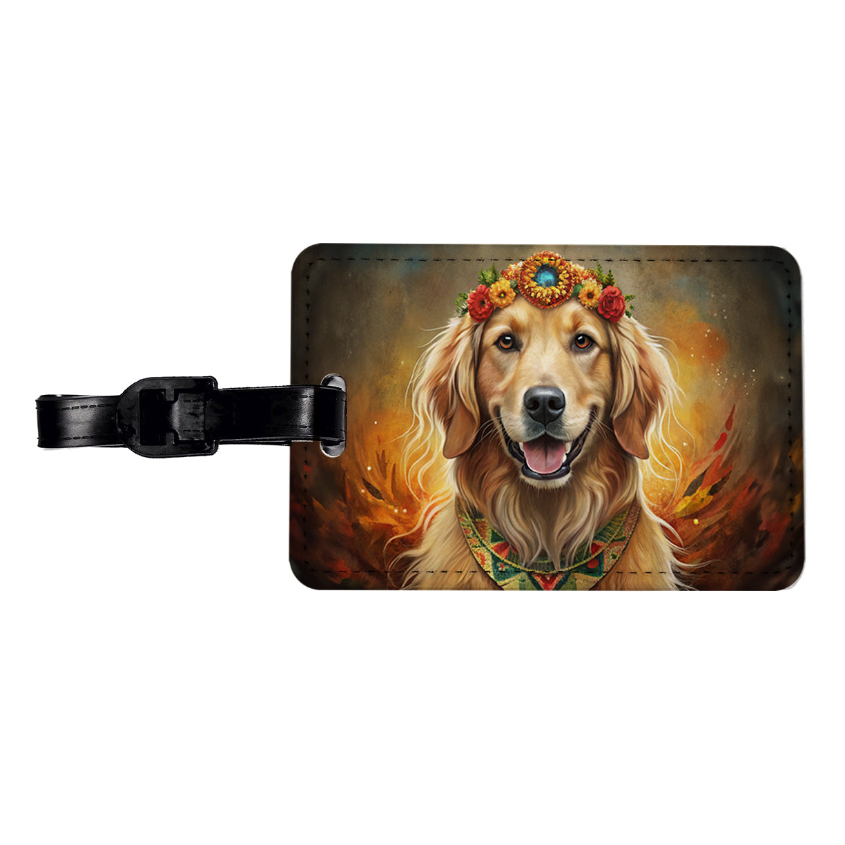 Golden Retriever Dog Bohemian Art Travel Faux Leather Luggage Tag