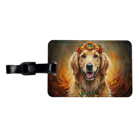 Golden Retriever Dog Bohemian Art Travel Faux Leather Luggage Tag