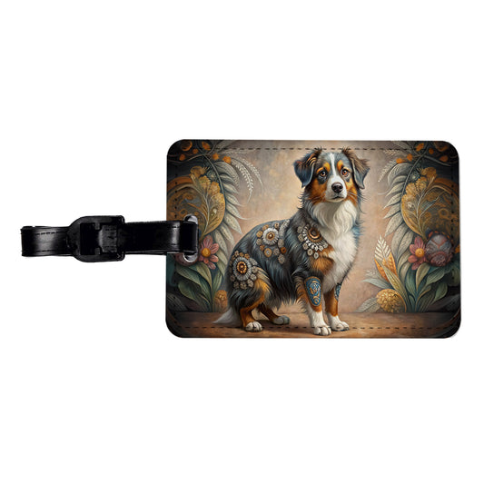 Miniature American Shepherd Dog Bohemian Art Travel Faux Leather Luggage Tag
