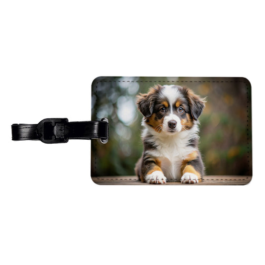 Miniature American Shepherd Dog Puppy Photo Travel Faux Leather Luggage Tag