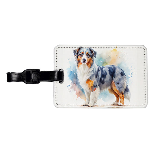 Miniature American Shepherd Dog Watercolor Style Travel Faux Leather Luggage Tag