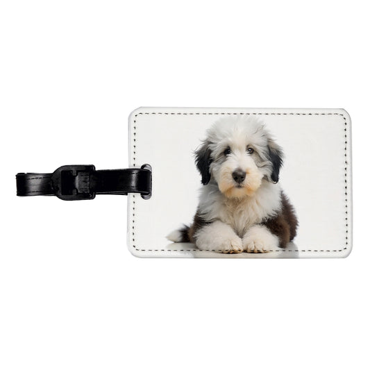 Old English Sheepdog Dog Puppy Photo Travel Faux Leather Luggage Tag