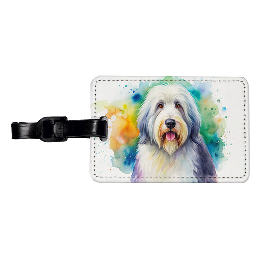 Old English Sheepdog Dog Watercolor Style Travel Faux Leather Luggage Tag