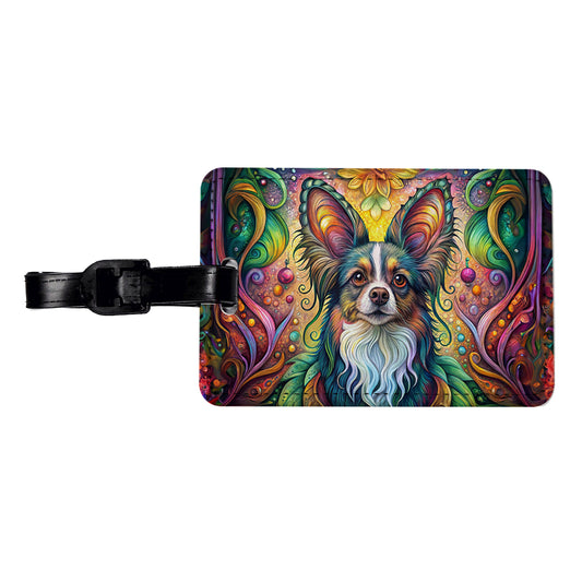 Papillion Dog Bohemian Art Travel Faux Leather Luggage Tag