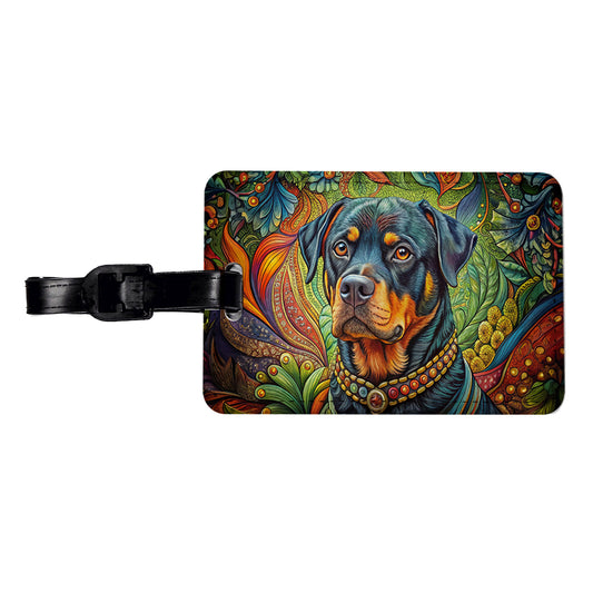 Rottweiler Dog Bohemian Art Travel Faux Leather Luggage Tag