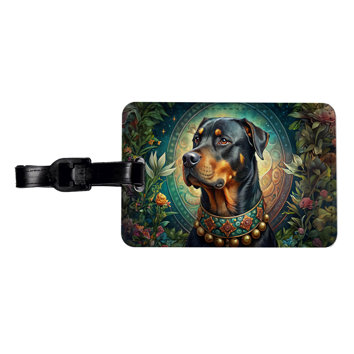 Rottweiler Dog French Bohemian Art Travel Faux Leather Luggage Tag