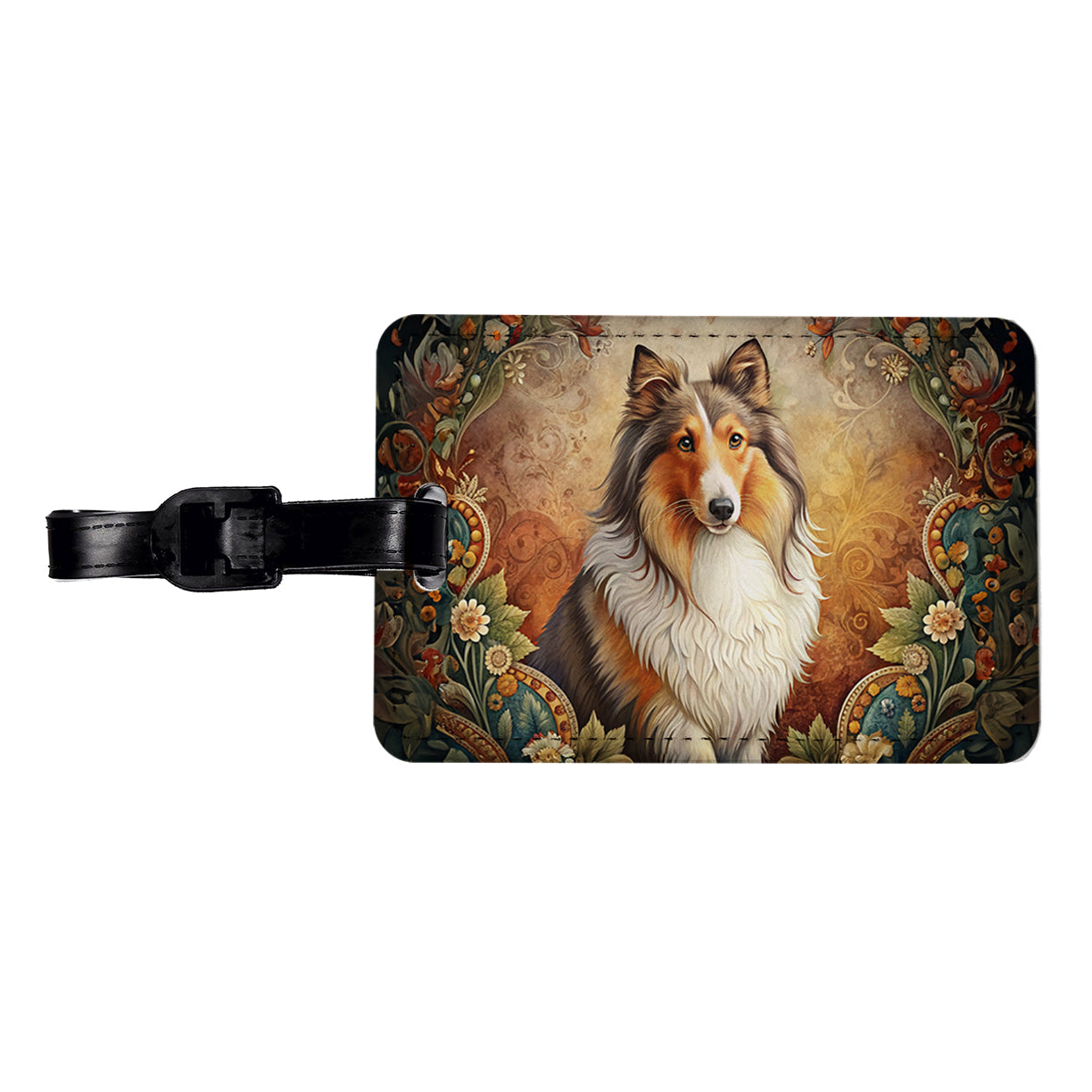 Shetland Sheepdog Sheltie Dog French Bohemian Art Travel Faux Leather Luggage Tag