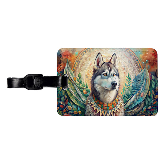 Siberian Husky Dog French Bohemian Art Travel Faux Leather Luggage Tag