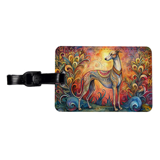 Whippet Dog Bohemian Art Travel Faux Leather Luggage Tag