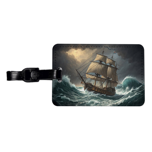 18th Century Sailing Ship Frigate In A Stormy Sea Travel Faux Leather Luggage Tag