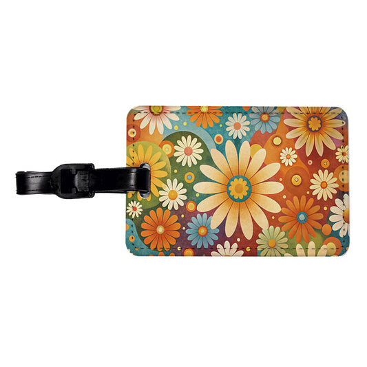 70's Retro Groovy Hippie Daisies Floral Design Travel Faux Leather Luggage Tag