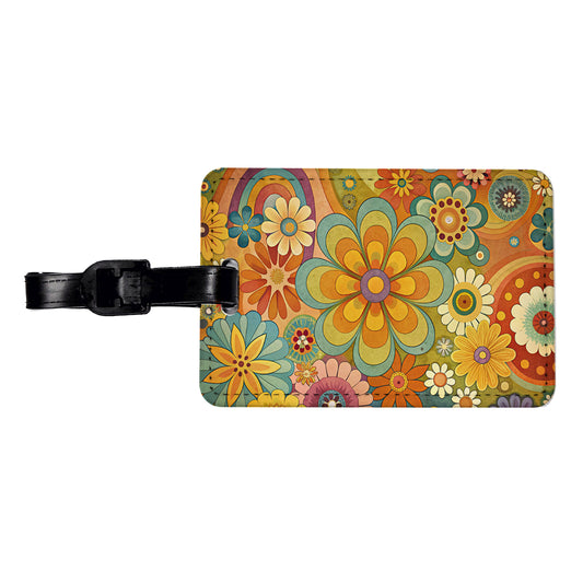 70's Retro Groovy Hippie Pretty Floral Design Travel Faux Leather Luggage Tag