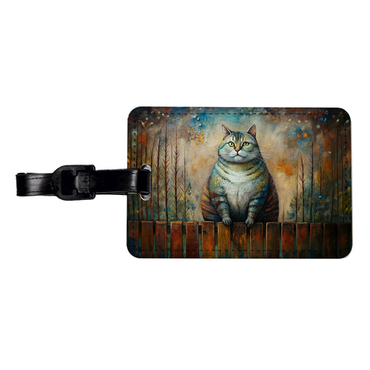 Fat Chunky Alley Cat Sitting On Fence Abstract Art Travel Faux Leather Luggage Tag