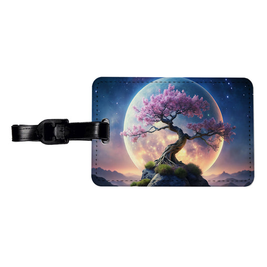 Japanese Bonsai Tree With Pink Flowers On Hill Under Large Moon Travel Faux Leather Luggage Tag