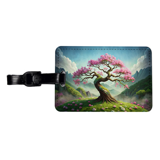 Japanese Bonsai Tree With Pink Flowers On Hillside Travel Faux Leather Luggage Tag
