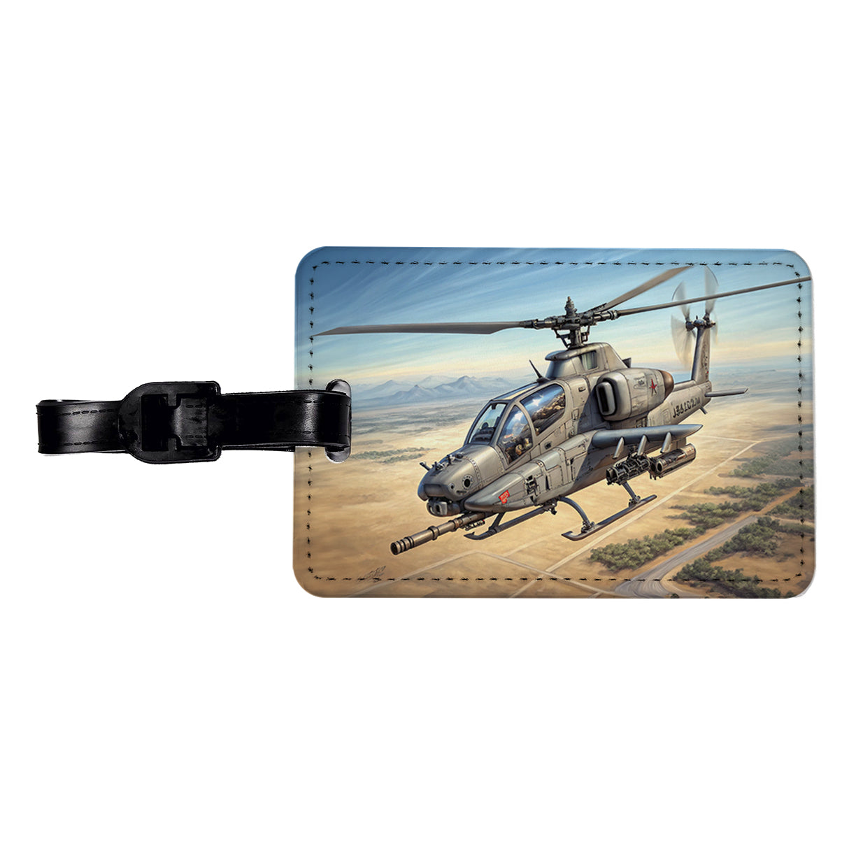 Military Gunship Helicopter In Flight Travel Faux Leather Luggage Tag