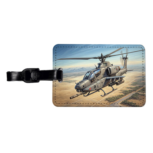 Military Gunship Helicopter In Flight Travel Faux Leather Luggage Tag
