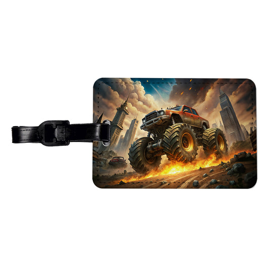 Monster Off-Road Truck Demolishing Cars Travel Faux Leather Luggage Tag