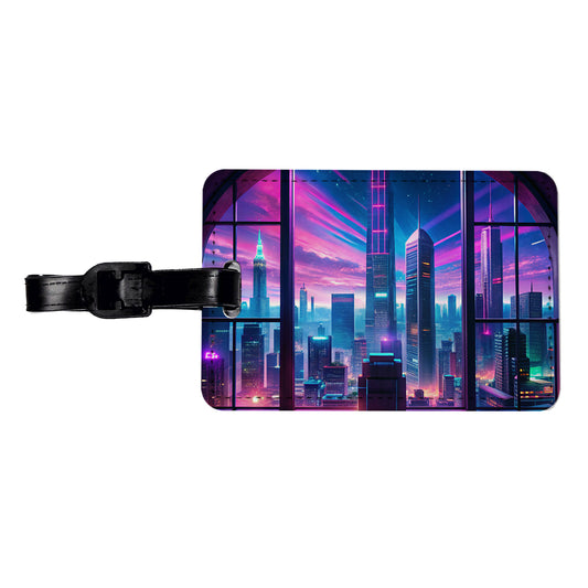 Neon Cityscape As Seen Through Skyscraper Window Purple Blue Travel Faux Leather Luggage Tag