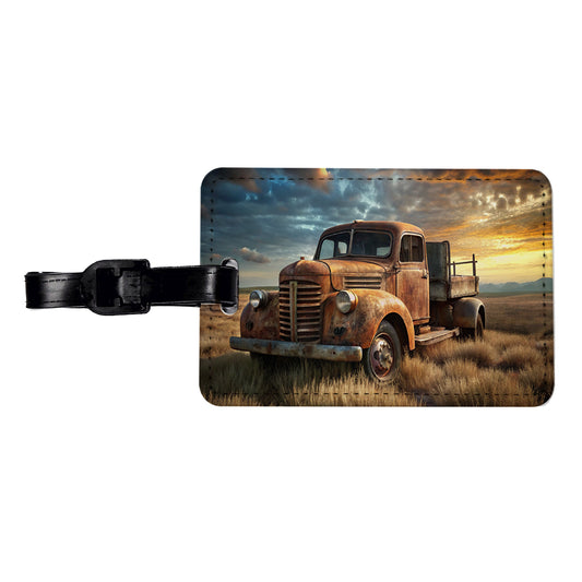 Old Rusted Retro Classic Truck Sitting In Field Travel Faux Leather Luggage Tag