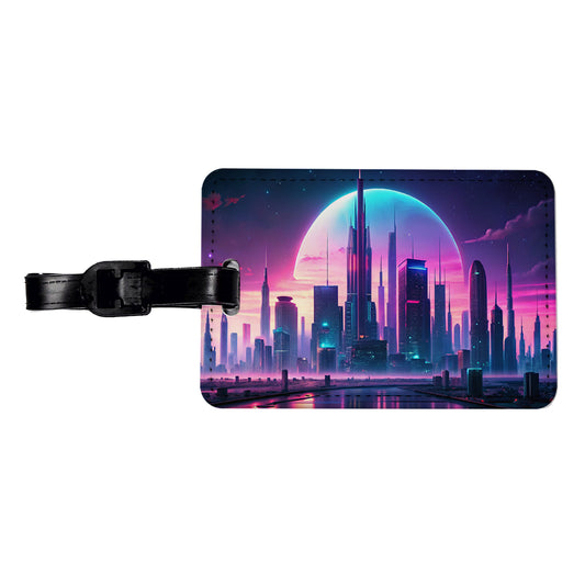 Purple Neon Sci-fi City Horizon Travel Faux Leather Luggage Tag