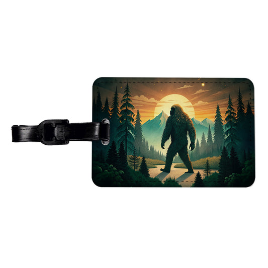 Retro Bigfoot Walking In The Woods At Sunset Travel Faux Leather Luggage Tag