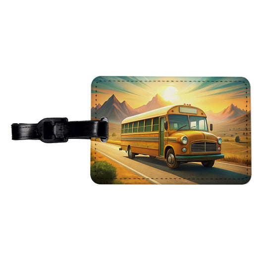 Retro School Bus On Road Travel Faux Leather Luggage Tag