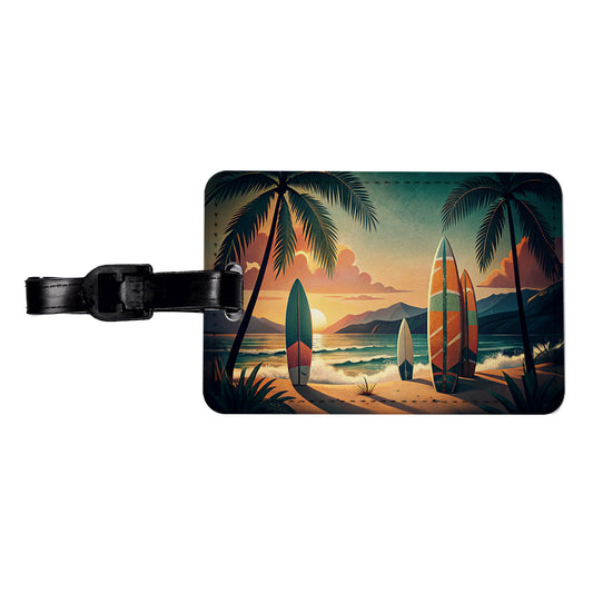 Retro Surfboards On Beach Tropical Sunset Illustration Travel Faux Leather Luggage Tag