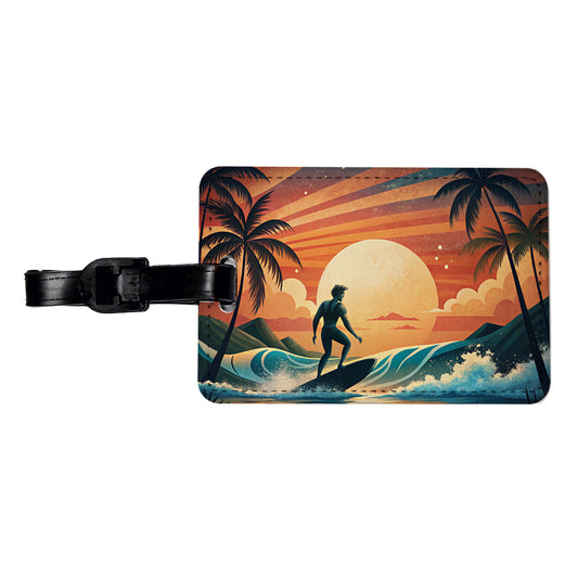 Retro Surfer Beach Tropical Sunset Illustration Travel Faux Leather Luggage Tag