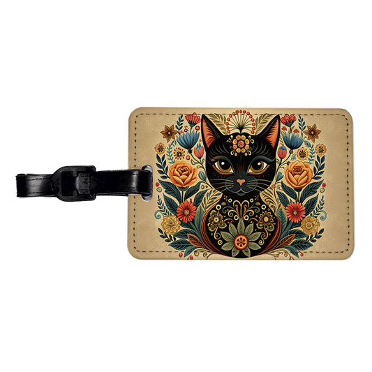 Stylized Black Cat Floral Design Travel Faux Leather Luggage Tag