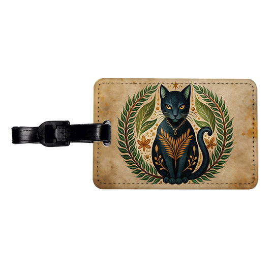Stylized Black Cat Illustration Leaf Design Travel Faux Leather Luggage Tag