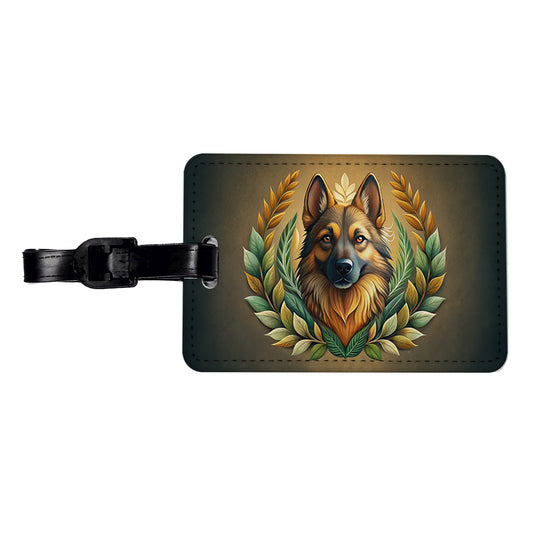 Stylized German Shepherd Illustration Leaf Design Travel Faux Leather Luggage Tag