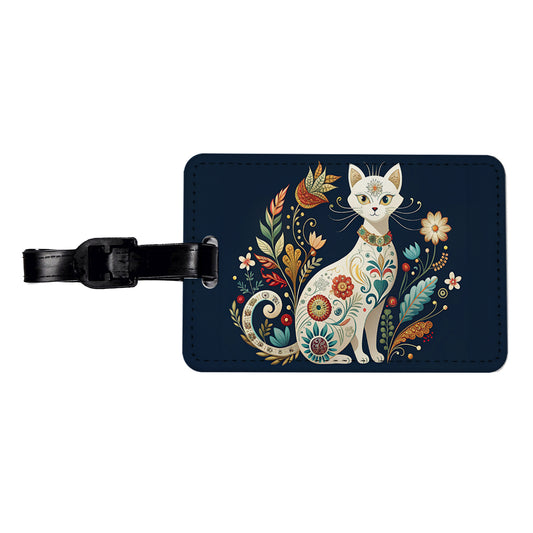 Stylized White Cat Floral Design Travel Faux Leather Luggage Tag