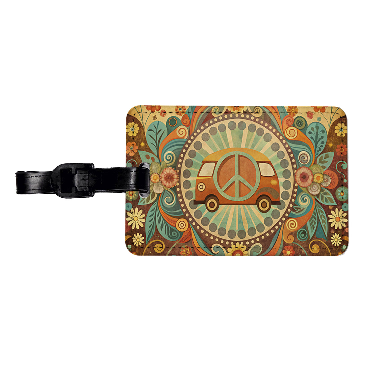 Vintage Retro Boho Hippie Van Peace Design Travel Faux Leather Luggage Tag