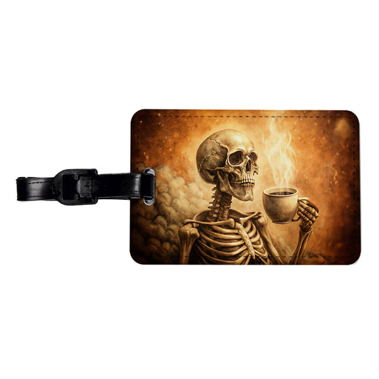Vintage Skeleton Holding Cup Of Coffee Retro Travel Faux Leather Luggage Tag