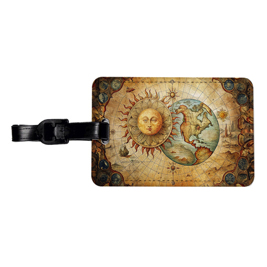 Vintage Sun Moon Map Travel Faux Leather Luggage Tag