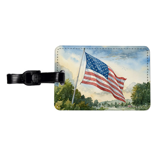 American Flag Waving Watercolor USA United States Travel Faux Leather Luggage Tag