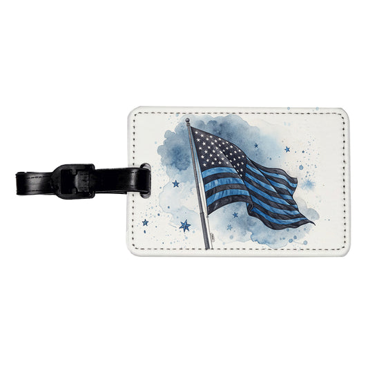 Black Blue Waving American Flag Watercolor USA United States Travel Faux Leather Luggage Tag