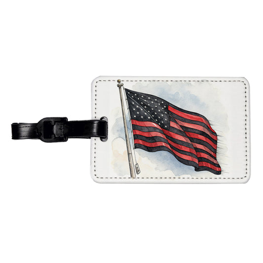 Black Red Waving American Flag Watercolor USA United States Travel Faux Leather Luggage Tag