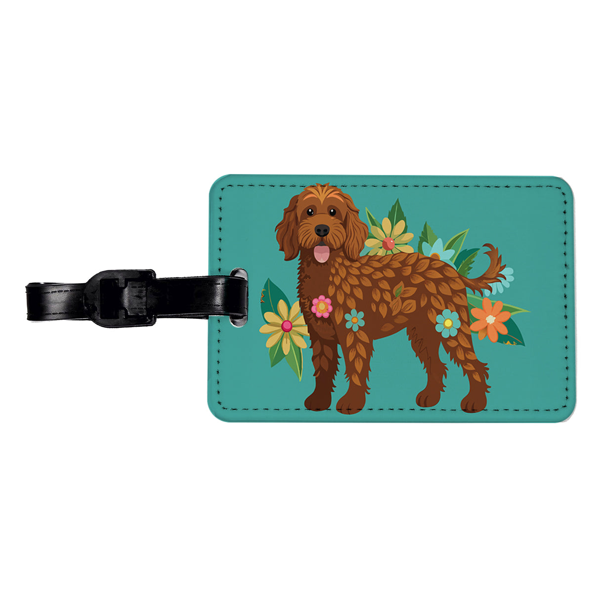 Brown Labradoodle Floral Motif Dog Travel Faux Leather Luggage Tag