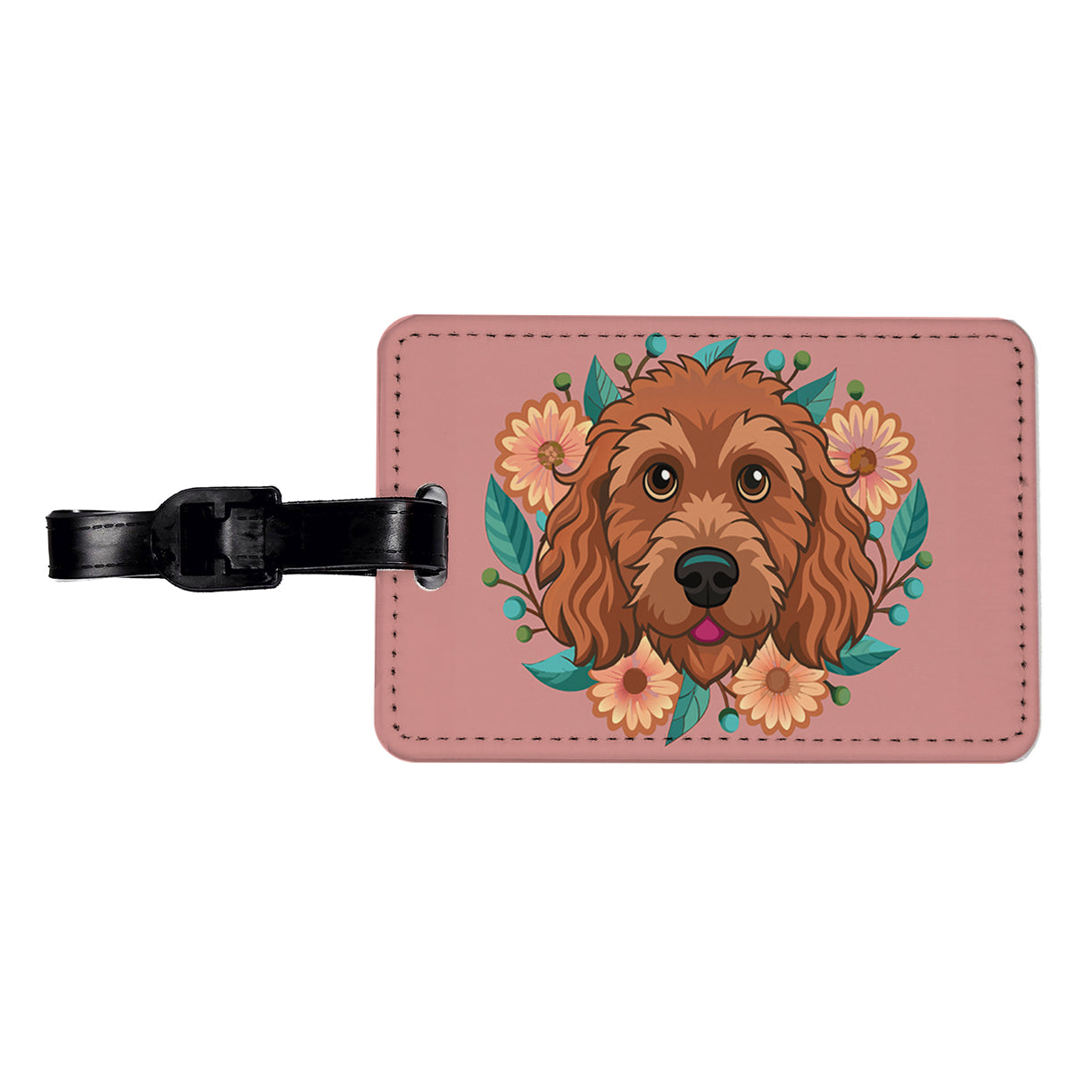 Brown Labradoodle Head Floral Motif Dog Pink Background Travel Faux Leather Luggage Tag