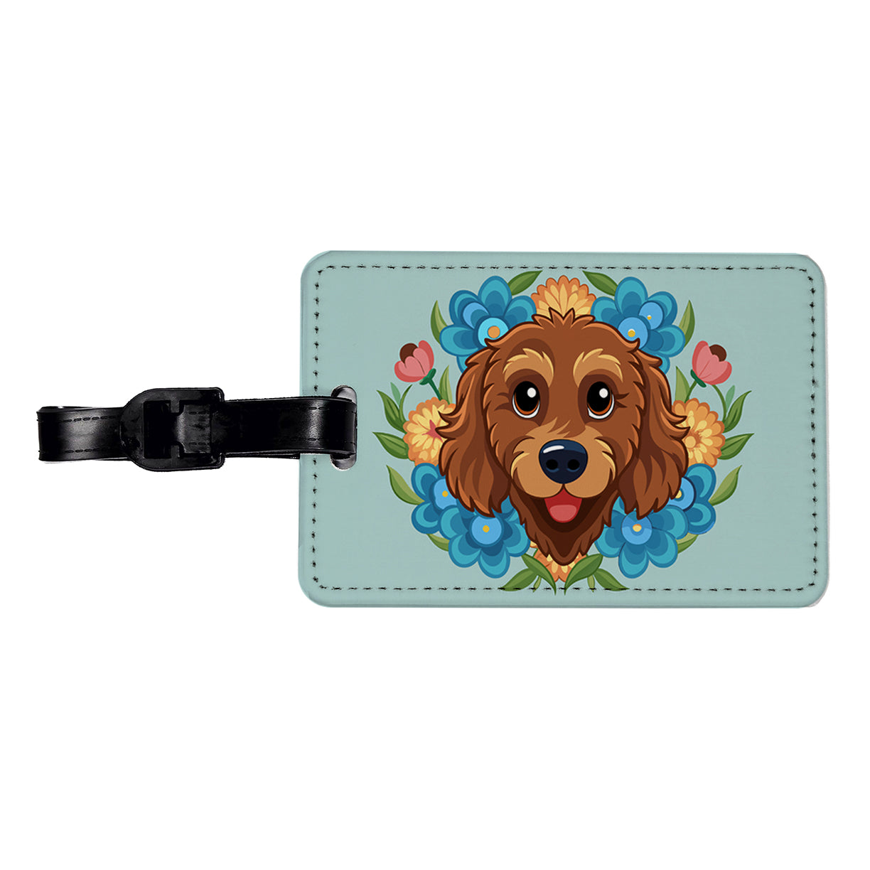 Brown Labradoodle Head Floral Motif Dog Travel Faux Leather Luggage Tag