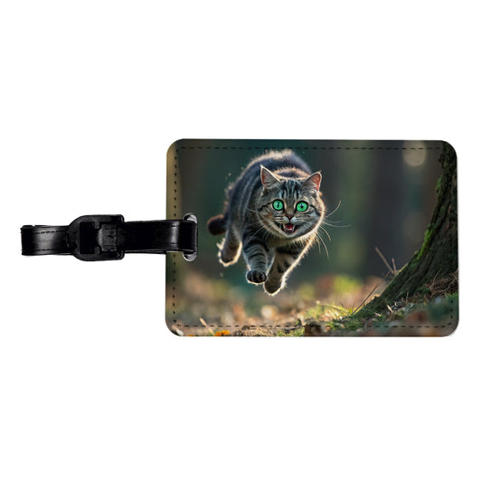 Cat Leaping Green Eyes Funny Travel Faux Leather Luggage Tag